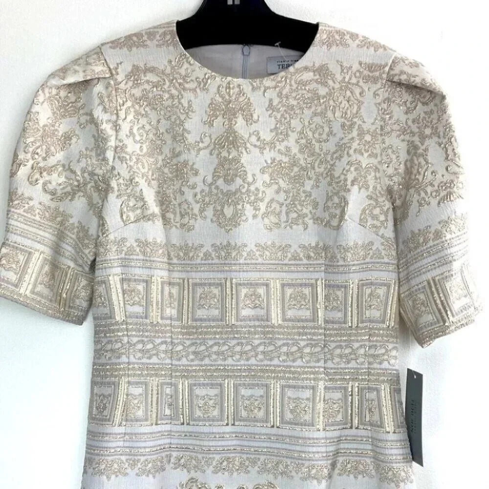 Teri Jon Rickie Freeman Midi Dress 4 Metallic Embroidered Puff Sleeve Event Gala - Picture 8 of 13